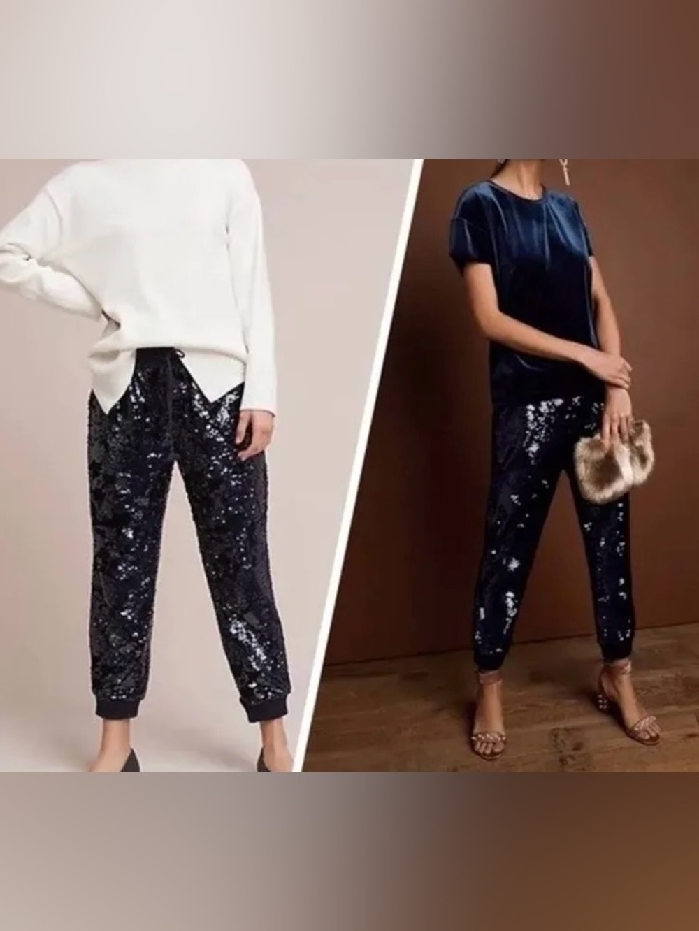 Anthropologie ett: twa Sequin Velvet Joggers Sparkle navy blue size small